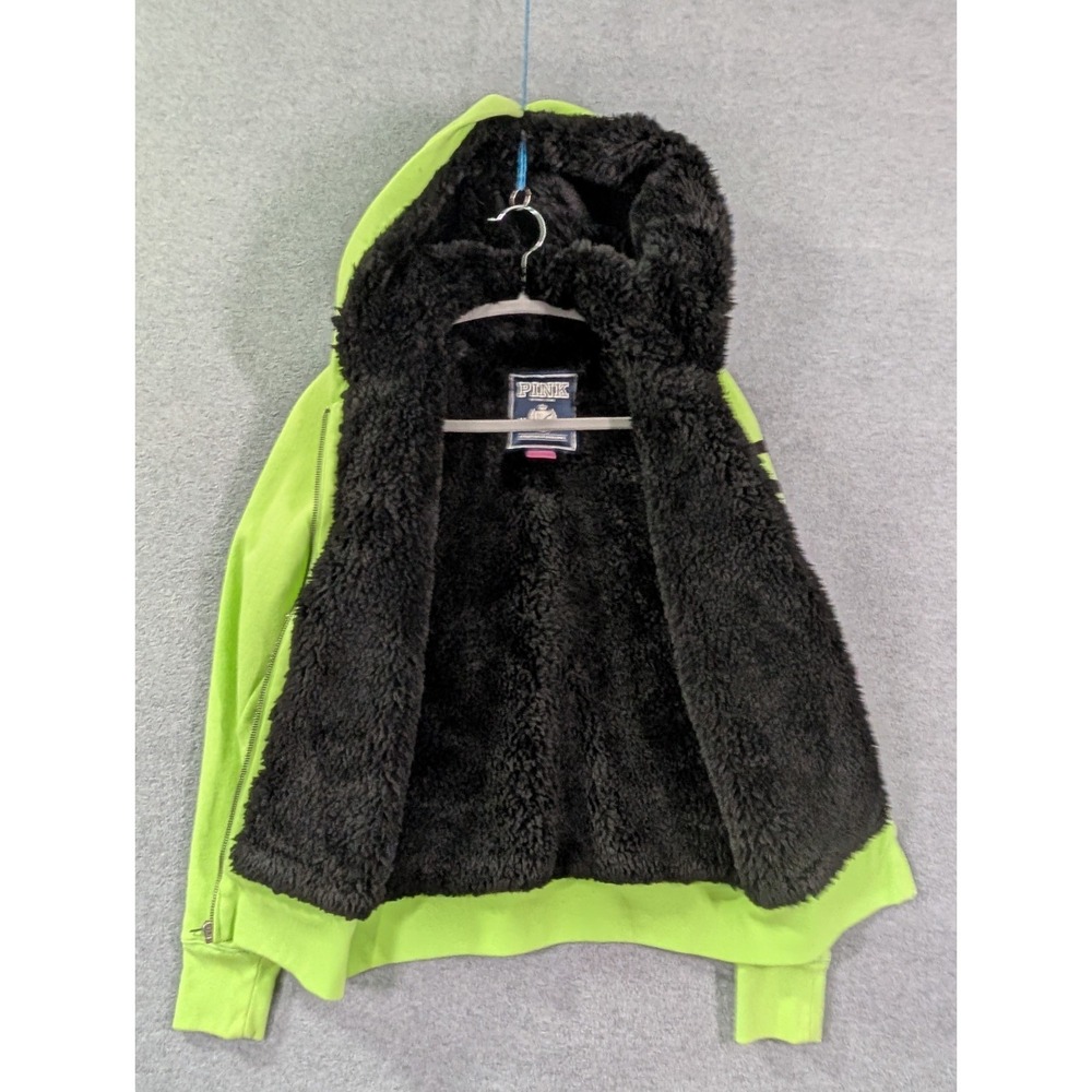 PINK Victoria's Secret Hoodie S Neon Green Sherpa Lined Sequin Logo Zip - Picture 3 of 13